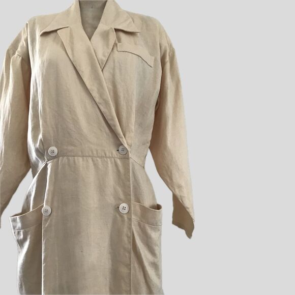 Vintage 1980s Butter Yellow Neutral Linen Dolman Sleeve Chic Midi Shirt Dress L - Picture 2 of 10